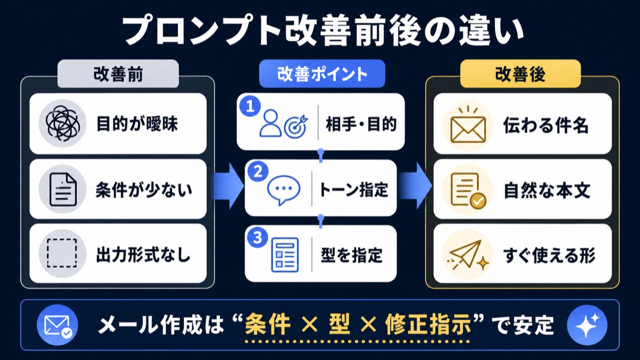 Claudeでメール作成するプロンプトは？場面別の例文と書き方手順の要点を整理した図解