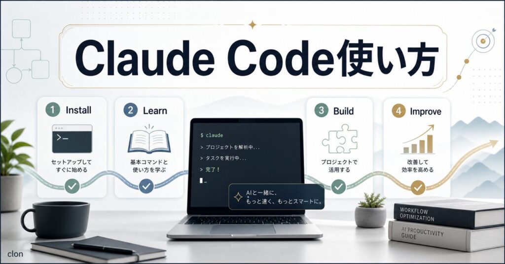 Claude Code 使い方 完全ガイド｜インストール・5つの機能を初心者向けに解説【2026年最新】のアイキャッチ