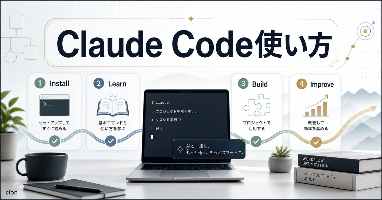 Claude Code 使い方 完全ガイド｜インストール・5つの機能を初心者向けに解説【2026年最新】のアイキャッチ