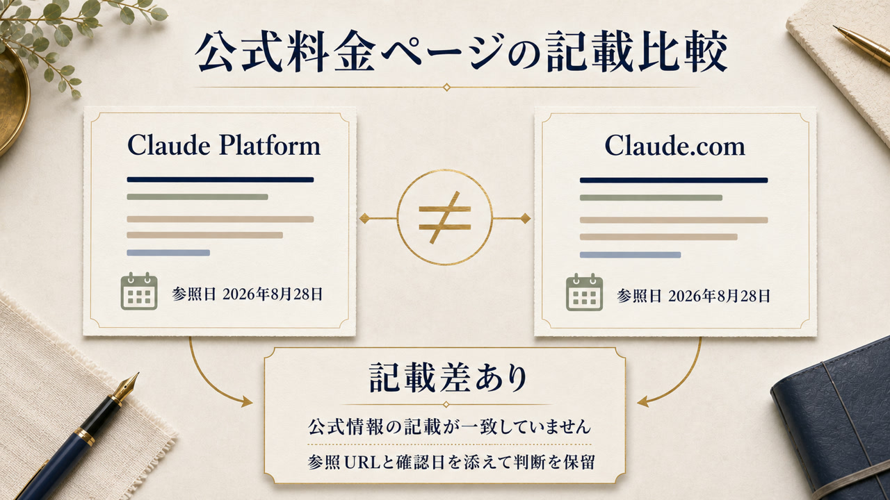 二つの公式料金ページの記載比較（2026年8月28日時点）の図解