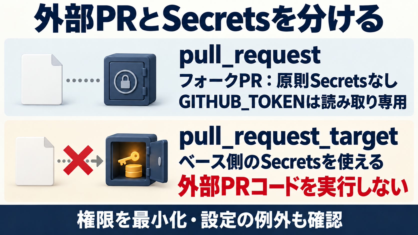 フォークPRの既定のSecrets制限と、pull_request_targetで扱うベース側権限を区別します。信頼できないPRコードは特権環境で実行しません。